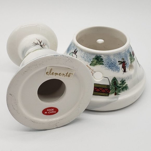 Elements Small Ceramic Spongeware Winter Skiing Trees Scene Tealight Candle Lamp - Picture 4 of 12